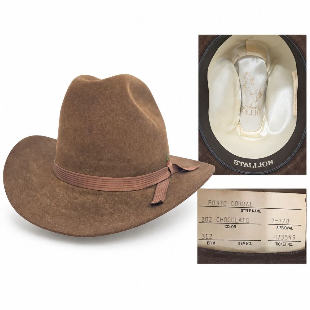 Stallion by Stetson King Cowboy Hat Size 7 3/8 59 Chocolate Brown Wool Felt Vtg